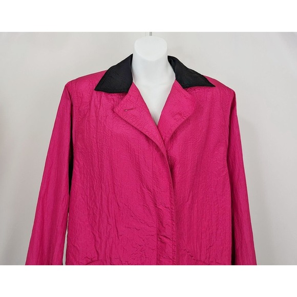 Vintage 80s Trench Jacket Hot Pink Black Shoulder Pads Nylon Misses Size 10 - Picture 2 of 9